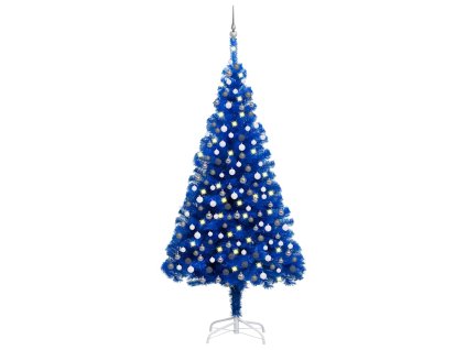 vidaXL Osvetlený umelý vianočný stromček s guľami, modrý 210 cm, PVC