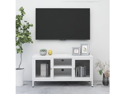 vidaXL TV skrinka biela 105x35x52 cm oceľ a sklo
