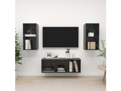vidaXL 3-dielna súprava TV skriniek, lesklá sivá, kompozitné drevo