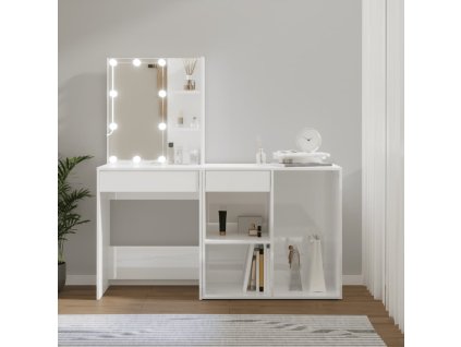 vidaXL Toaletný stolík s LED a skrinkou lesklý biely spracované drevo