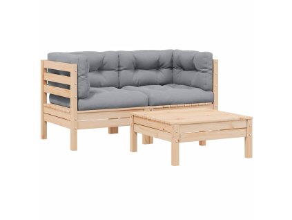 vidaXL 3-dielny záhradný sedací set so sivými sedákmi borovicový masív