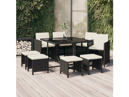 vidaXL 9-dielna záhradná jedálenská sada s vankúšmi čierna polyratan
