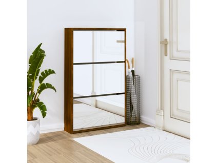 vidaXL Botník so zrkadlom 3-poschodový hnedý dub 63x17x102,5 cm
