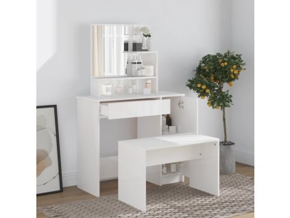 vidaXL Sada toaletného stolíka lesklá biela 86,5x35x136 cm