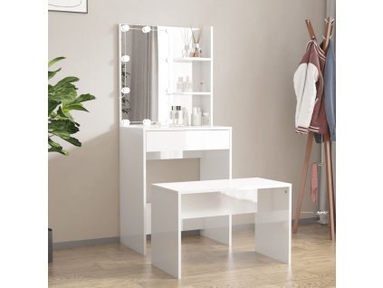 vidaXL Sada toaletného stolíka s LED lesklá biela spracované drevo