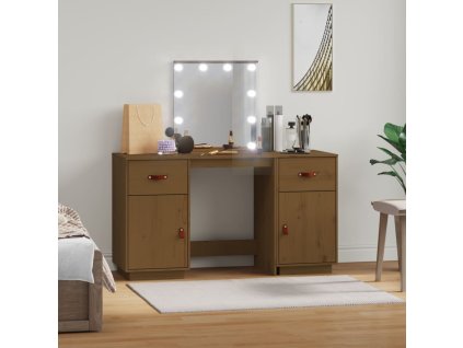 vidaXL Súprava toaletného stolíka s LED medovohnedá masívna borovica