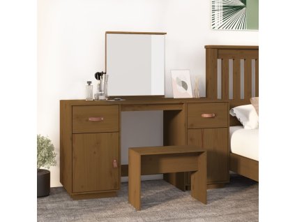 vidaXL Súprava toaletného stolíka s LED medovohnedá masívna borovica