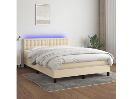vidaXL Posteľ boxsping s matracom a LED krémová 140x200 cm látka