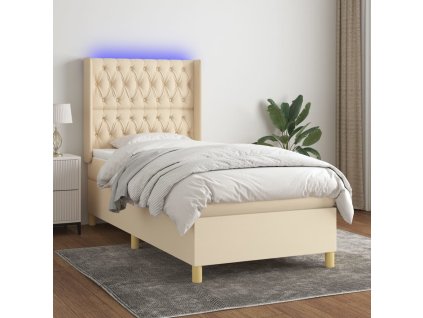 vidaXL Posteľ boxsping s matracom a LED krémová 100x200 cm látka