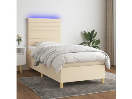 vidaXL Posteľ boxsping s matracom a LED krémová 90x200 cm látka