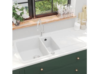 vidaXL Granitový kuchynský drez s dvoma vaničkami biely