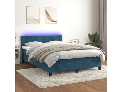 vidaXL Posteľný rám boxsping matrac a LED tmavomodrý 140x190 cm zamat