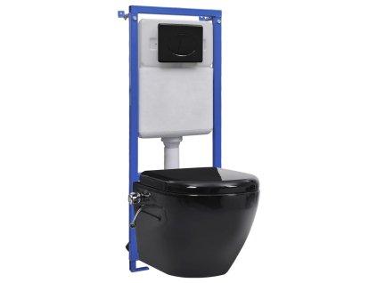 vidaXL Závesné bezrámové WC so skrytou nádržkou čierne keramika