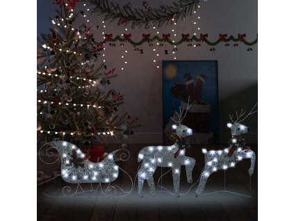 vidaXL Vianočná vonkajšia dekorácia soby a sane 60 LED diód strieborná