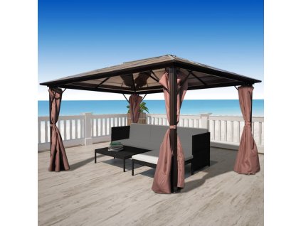 vidaXL Altánok so závesmi, hnedý, hliníkový 400 x 300 cm