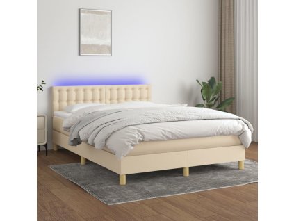 vidaXL Posteľ boxsping s matracom a LED krémová 140x190 cm látka
