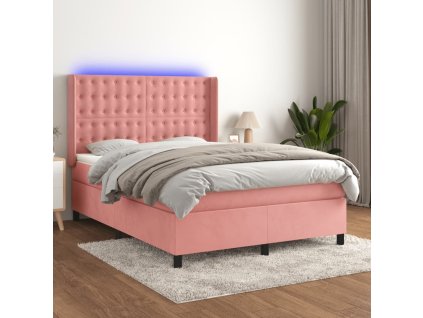 vidaXL Posteľný rám boxsping s matracom a LED ružový 140x200 cm zamat