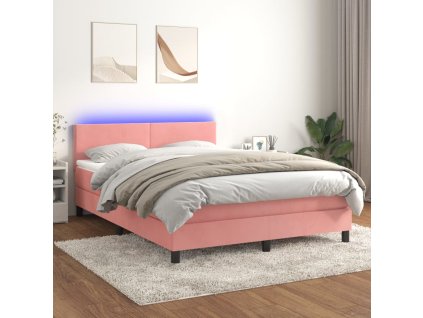vidaXL Posteľný rám boxsping s matracom a LED ružový 140x190 cm zamat