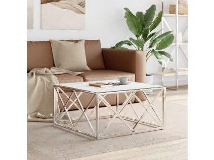 vidaXL Konferenčný stolík strieborný 80x80x40 cm nerezová oceľ a sklo