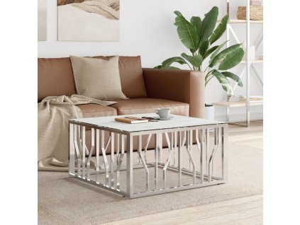 vidaXL Konferenčný stolík strieborný 80x80x40 cm nerezová oceľ a sklo