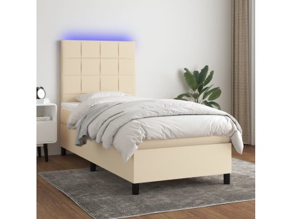 vidaXL Posteľ boxsping s matracom a LED krémová 90x200 cm látka