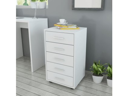 vidaXL Kancelárska skrinka s kolieskami, 5 zásuviek, biela