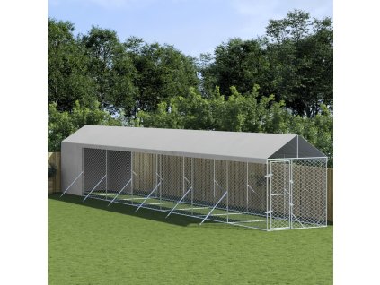 vidaXL Vonkajší koterec pre psov so strechou striebor. 2x14x2,5m oceľ