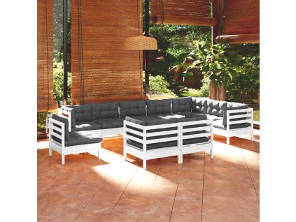 vidaXL 10-dielna záhradná súprava s vankúšmi biela borovicový masív