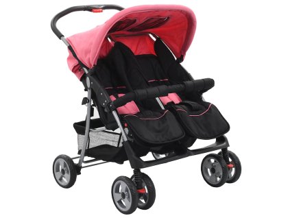 vidaXL Kočík pre dvojičky, ružovo čierny, oceľ