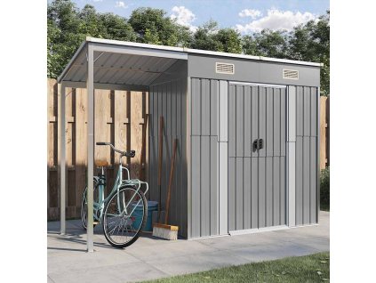 vidaXL Záhradná kôlňa predĺž. strecha svetlosivá 277x107x181 cm oceľ