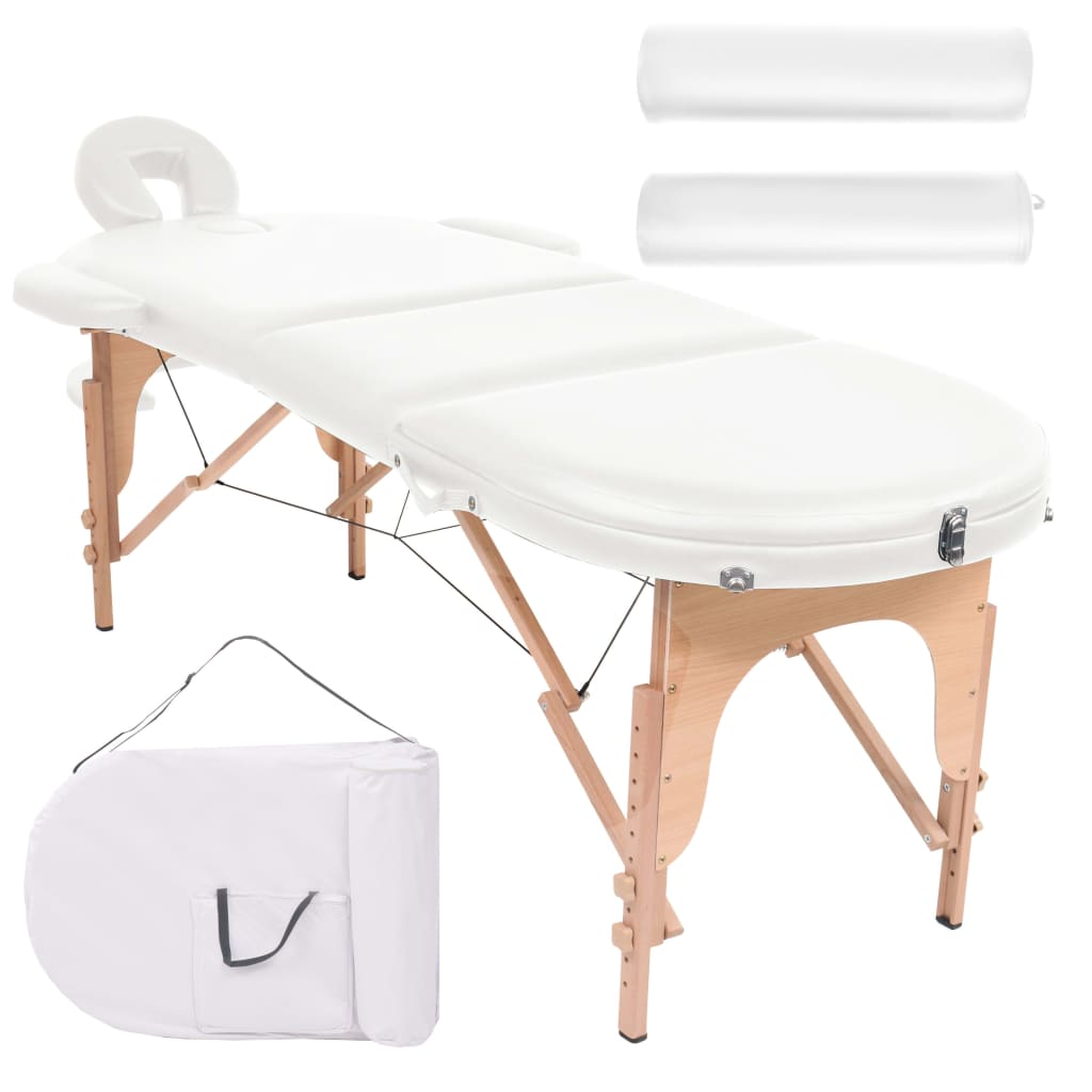 vidaXL Skladací masážny stôl, 4 cm hrubý, 2 podložky, oválny, biely