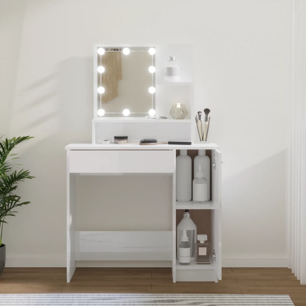 vidaXL Toaletný stolík s LED lesklý biely 86,5x35x136 cm