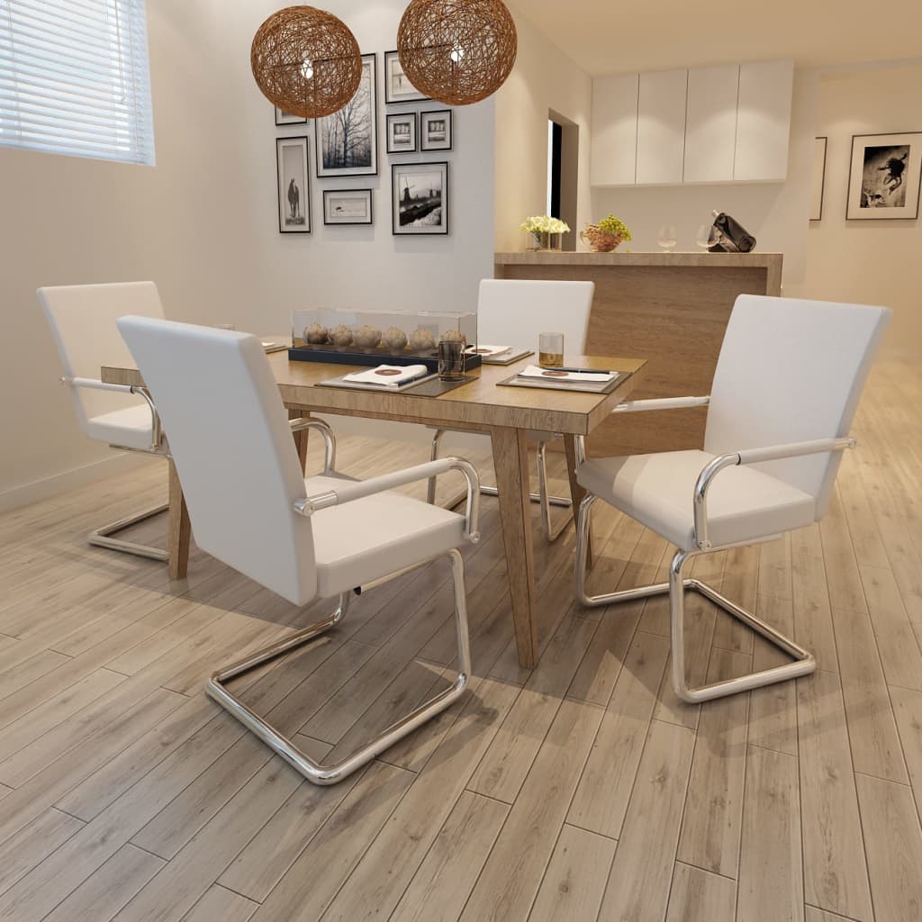 vidaXL Jedálenské stoličky, perová kostra 4 ks, biele, umelá koža