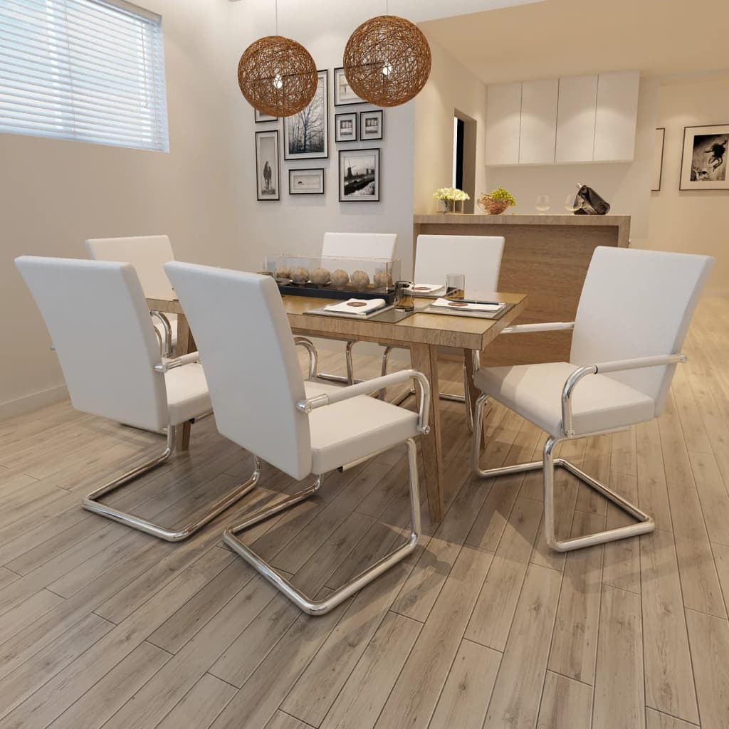 vidaXL Jedálenské stoličky, perová kostra 6 ks, biele, umelá koža