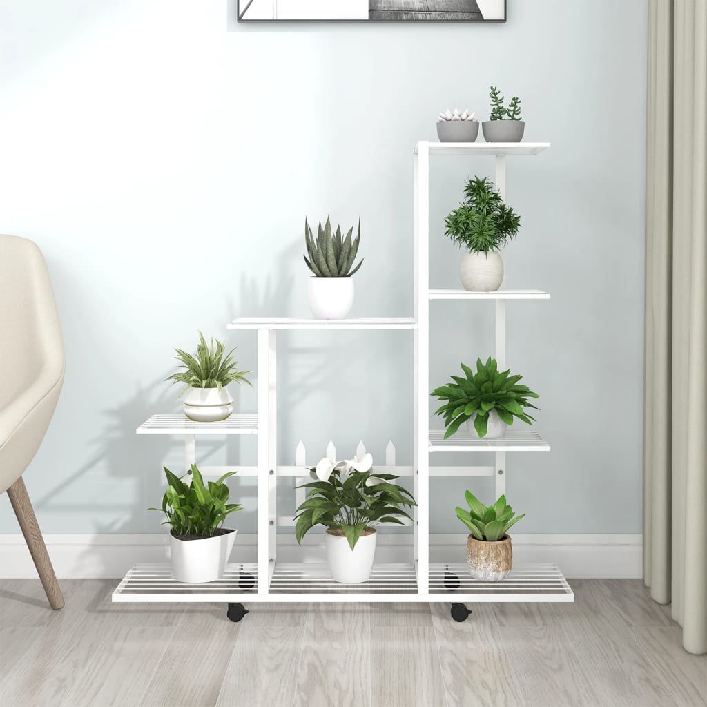 vidaXL Stojan na kvety s kolieskami 94,5x25x92,5 cm biely kovový
