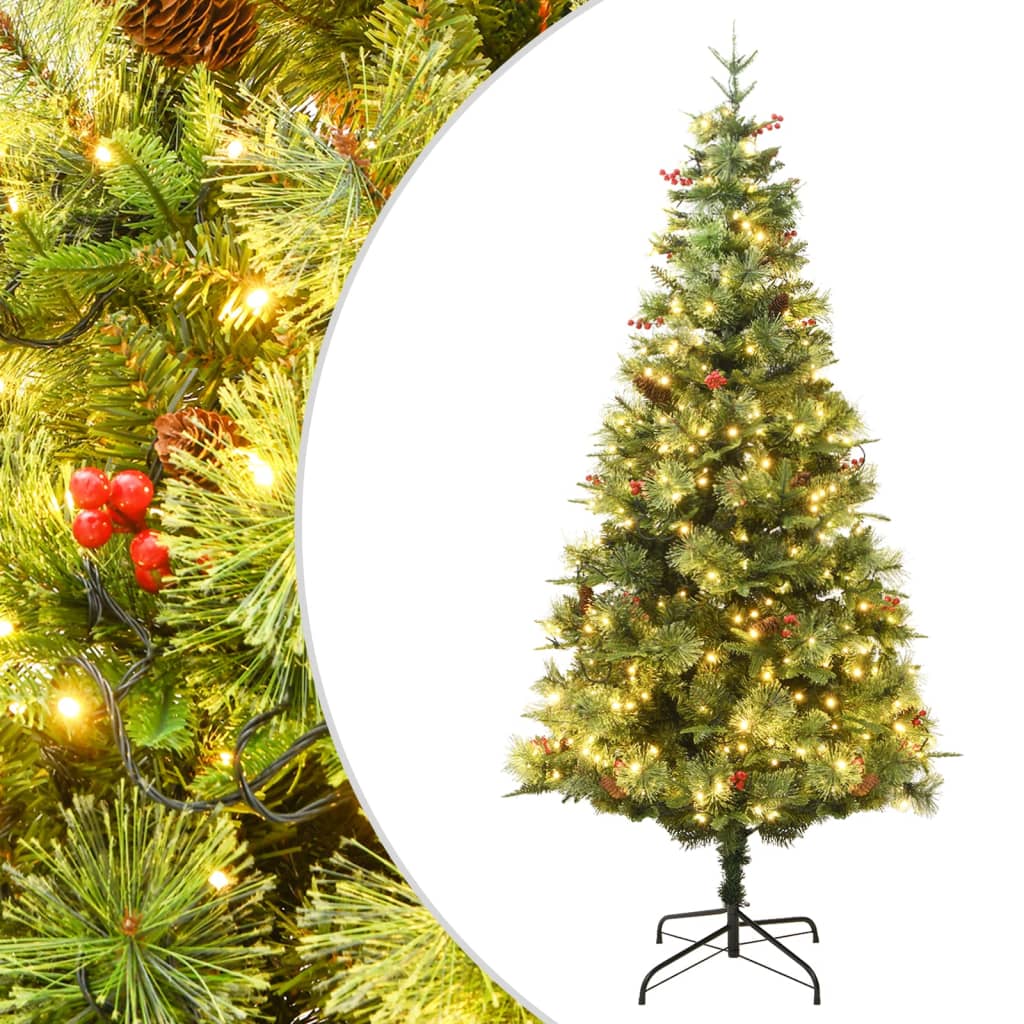 vidaXL Osvetlený vianočný stromček so šiškami, zelený 150 cm, PVC a PE