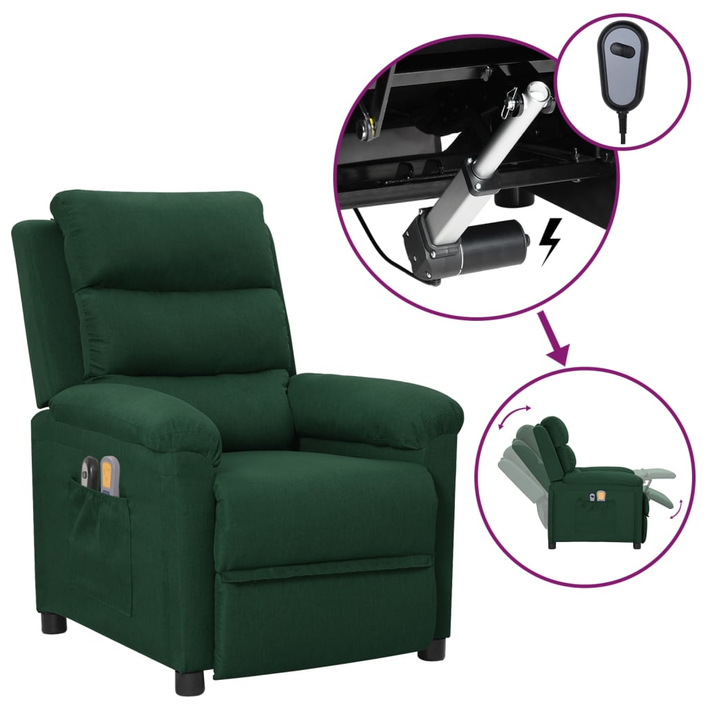 vidaXL Elektrické masážne kreslo tmavozelené látkové