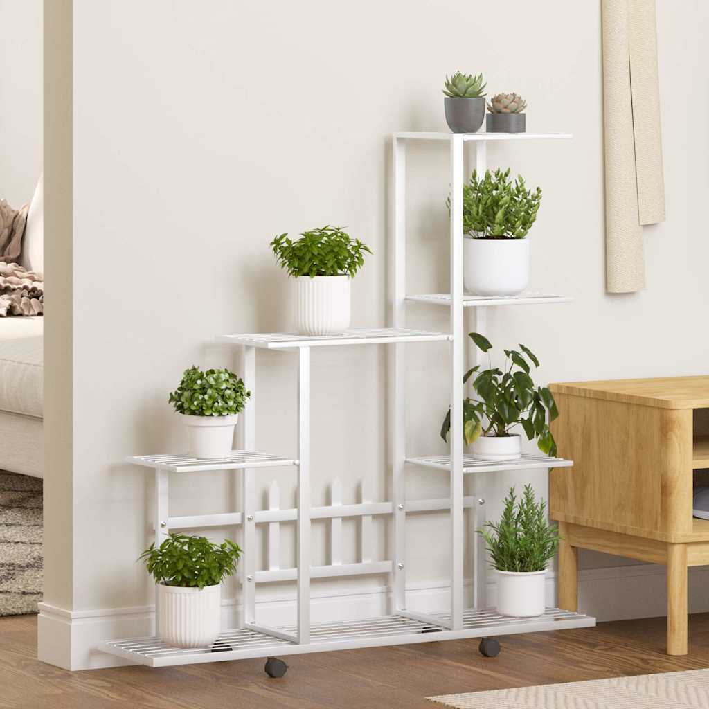 vidaXL Stojan na kvety s kolieskami 94,5x25x92,5 cm biely kovový