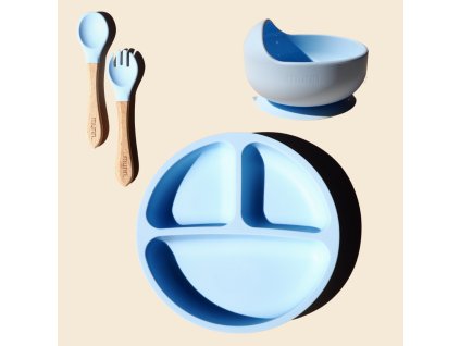 Dětské silikonové nádobí munn. miska, talíř, příbor- baby blue