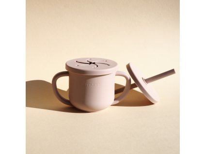 Detský silikónový pohárik so slamkou a snack cup viečkom munn.- powder pink