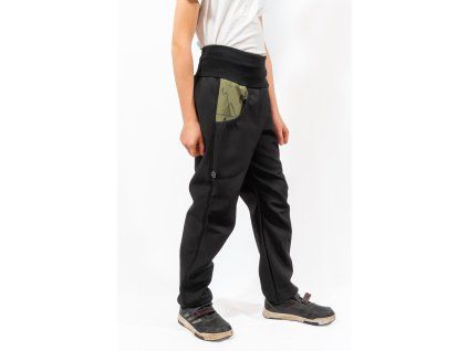softshellové_kalhoty_s fleccem_černé_stromy_khaki
