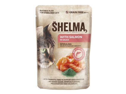 SHELMA Cat losos se spirulinou v omáčce, kapsa 85 g - Výprodej exp. 26.08.2026