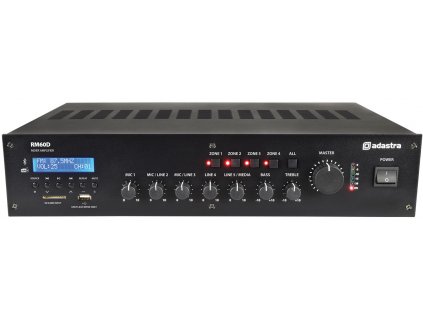 Adastra RM60D, 100V 4-zónový zesilovač, FM/DAB+, BT, USB/SD