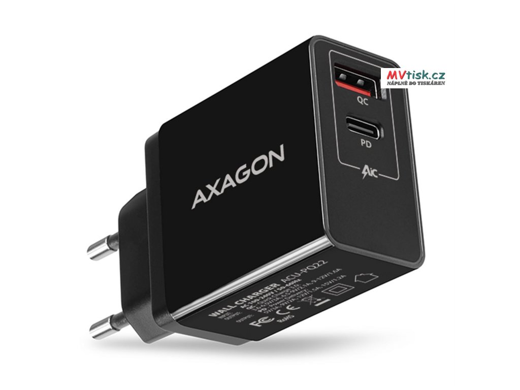 AXAGON ACU-PQ22, PD & QC nabíječka do sítě 22W, 2x port (USB-A + USB-C),  PD3.0/QC3.0/AFC/FCP/Apple - MVtisk.cz