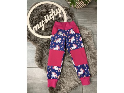 Softshellové kalhoty klasik ze zimního softshellu Jednorožci na fialové Vel. 92