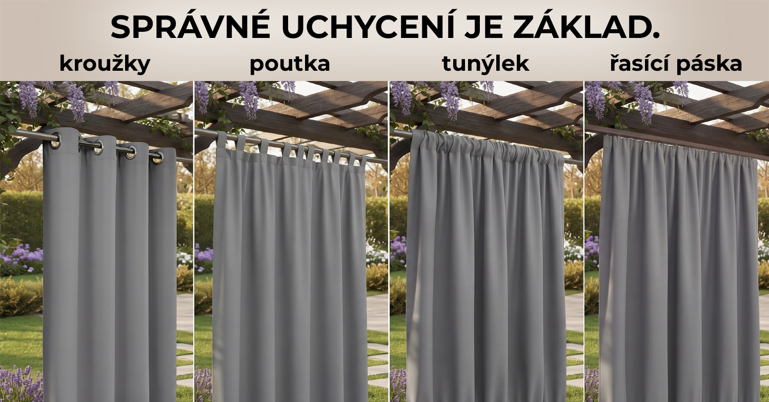 Jak zavěsit venkovní závěsy: kroužky, tunýlek, nebo poutka?