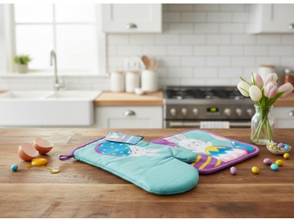 Kuchyňský SET rukavice/chňapka SWEET EASTER tyrkysová 18x30 cm/20X20 cm , 100% bavlna