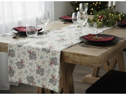Vánoční ubrus - běhoun na stůl BRIGHT TWIGS béžová 35x180 cm