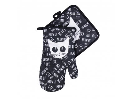 Kuchyňský set rukavice/chňapka BLACK CAT, černá, 18x30 cm/20X20 cm ESSEX, 100% bavlna