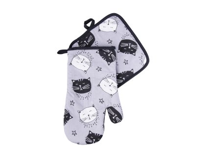 Kuchyňský set rukavice/chňapka BLACK CAT, šedá, 18x30 cm/20X20 cm ESSEX, 100% bavlna